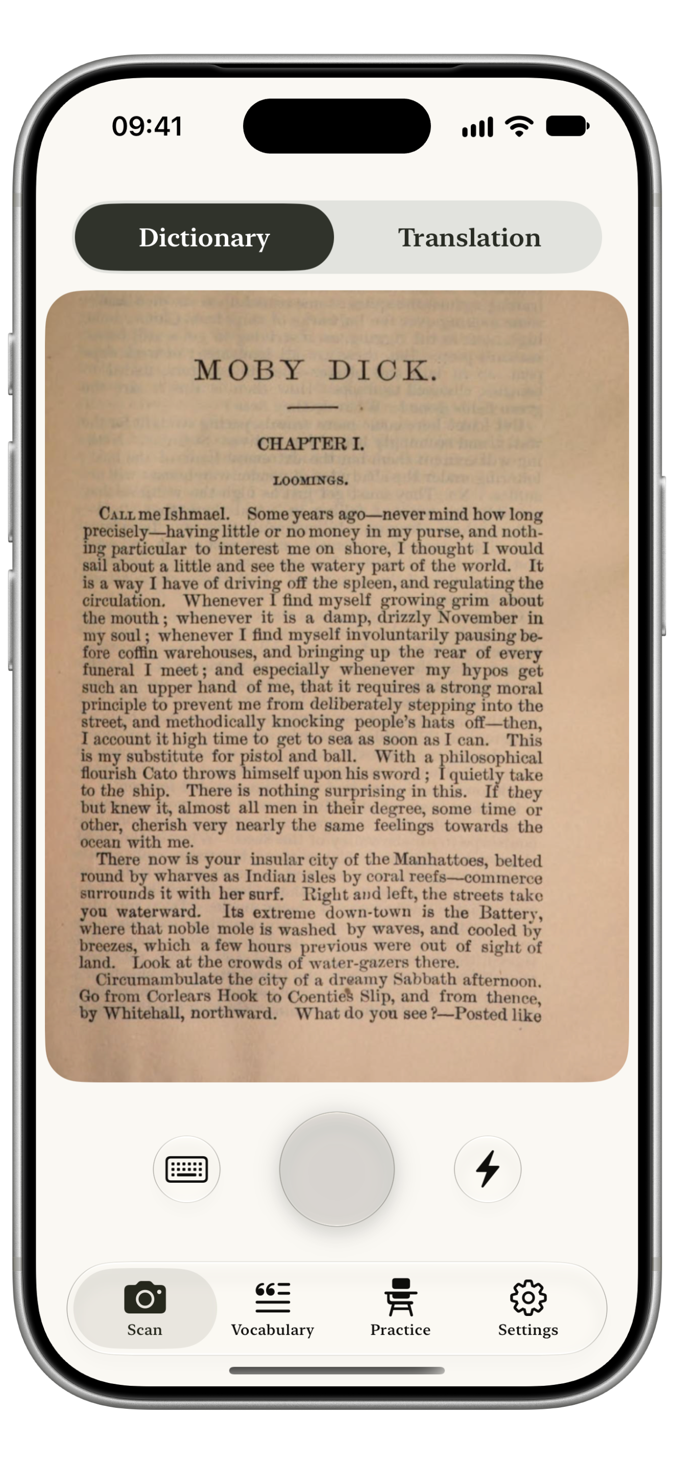 Omato scanning a book page in Dictionary mode